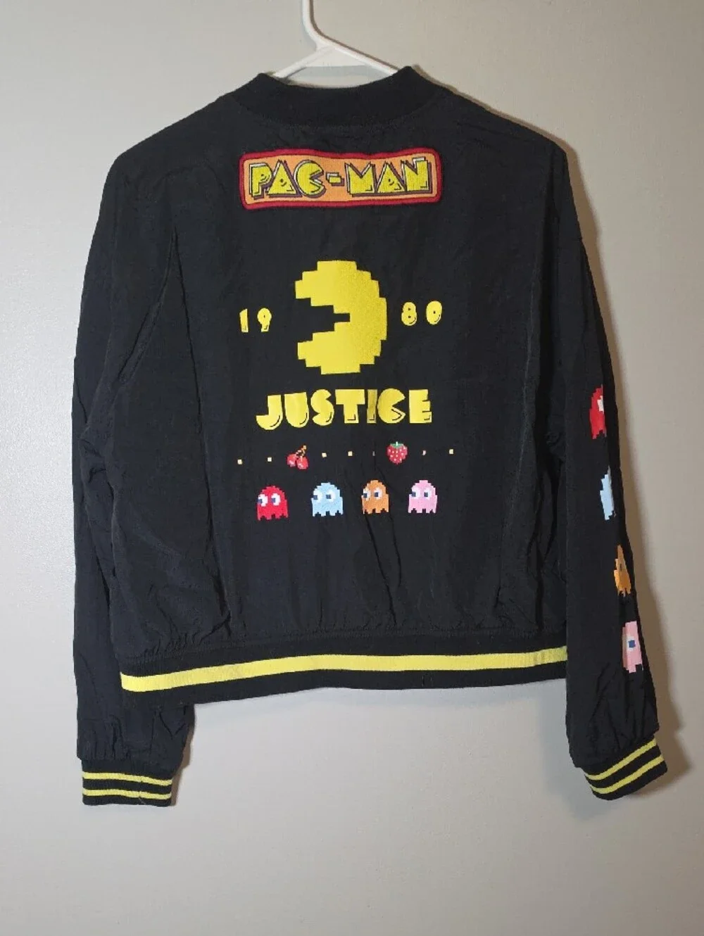 Justice Black Bomber Jacket with Pac-Man Ghosts